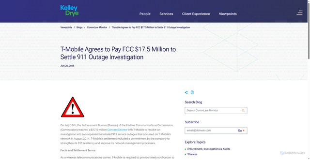 Security scan screenshot of https://www.kelleydrye.com/viewpoints/blogs/commlaw-monitor/t-mobile-agrees-to-pay-fcc-17-5-million-to-settle-911-outage-investigation