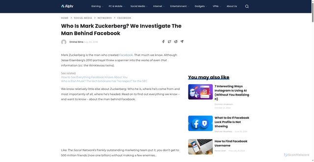 Security scan screenshot of https://www.alphr.com/business/1009745/who-is-mark-zuckerberg/