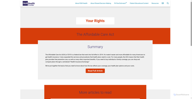 Security scan screenshot of https://fairhealthprovider.org/insurance-basics/your-rights/affordable-care-act