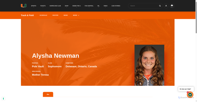 Security scan screenshot of https://miamihurricanes.com/roster/alysha-newman/