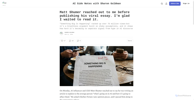 Security scan screenshot of https://sharongoldman.substack.com/p/matt-shumer-reached-out-to-me-ahead
