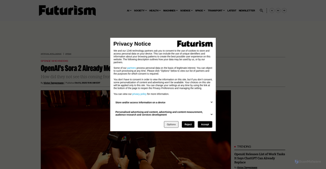 Security scan screenshot of https://futurism.com/artificial-intelligence/sora-2-drama