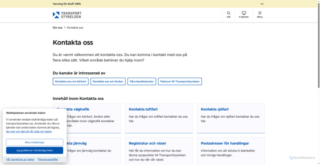 Security scan screenshot of https://www.transportstyrelsen.se/sv/kontakta-oss/
