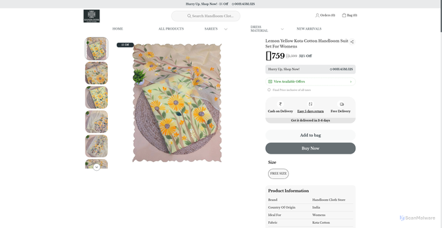 Security scan screenshot of https://handloomclothstore.com/Lemon-Yellow-Kota-Cotton-Handloom-Suit-Set-For-Womens/catalogue/cO9bOSc7/LwEcxwE4