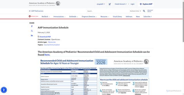 Security scan screenshot of https://publications.aap.org/redbook/resources/15585/AAP-Immunization-Schedule
