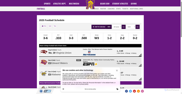Security scan screenshot of https://milesgoldenbears.com/sports/football/schedule/2025