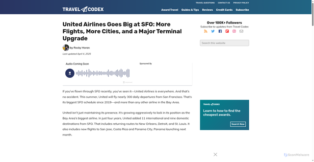 Security scan screenshot of https://www.travelcodex.com/united-airlines-goes-big-at-sfo-more-flights-more-cities-and-a-major-terminal-upgrade/