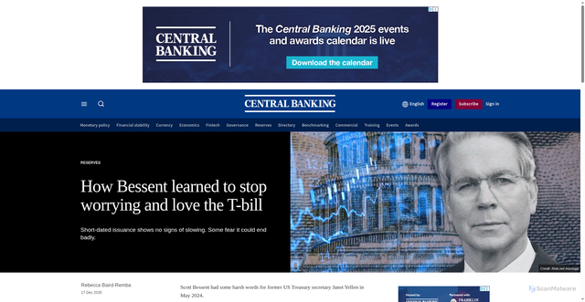 Security scan screenshot of https://www.centralbanking.com/central-banks/reserves/7974539/how-bessent-learned-to-stop-worrying-and-love-the-t-bill
