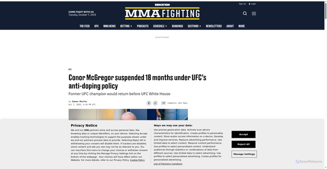 Security scan screenshot of https://www.mmafighting.com/ufc/448875/conor-mcgregor-suspended-18-months-under-ufcs-anti-doping-policy