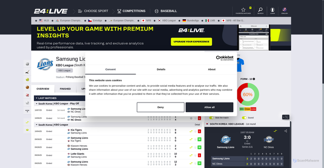 Security scan screenshot of https://24live.com/page/sport/participant/baseball-19/64978?lang=en
