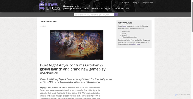 Security scan screenshot of https://www.gamespress.com/Duet-Night-Abyss-confirms-October-28-global-launch-and-brand-new-gamep