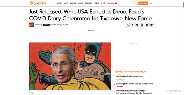 Security scan screenshot of https://twitchy.com/justmindy/2026/07/26/fauci-damning-diary-post-n2430636