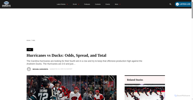 Security scan screenshot of https://foxsportsradiocharlotte.com/2025/10/16/hurricanes-vs-ducks-odds-spread-and-total/