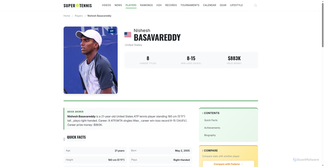 Security scan screenshot of https://super.tennis/players/nishesh-basavareddy/