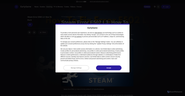 Security scan screenshot of https://earlygame.com/gaming/how-to-fix-steam-error-e502-l3