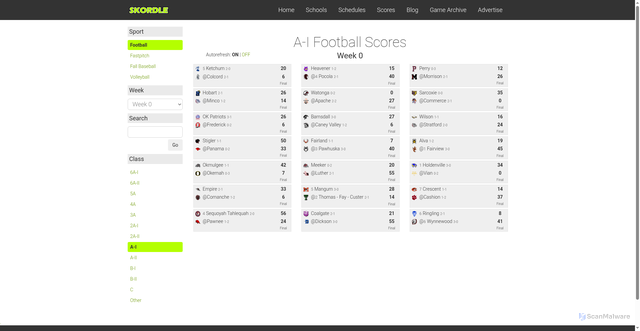 Security scan screenshot of https://skordle.com/scores/1/1/_Class_A-I_Football_Scores?dateweek=0&clubid=1