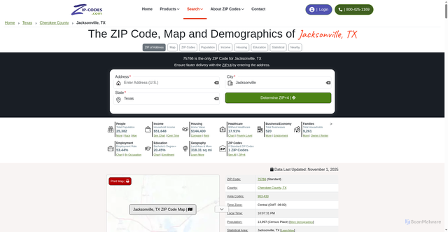 Security scan screenshot of https://www.zip-codes.com/city/tx-jacksonville.asp