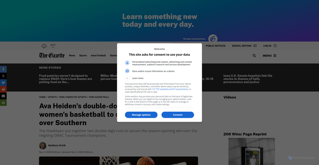 Security scan screenshot of https://www.thegazette.com/iowa-hawkeyes/ava-heidens-double-double-propels-iowa-womens-basketball-to-season-opening-win-over-southern/