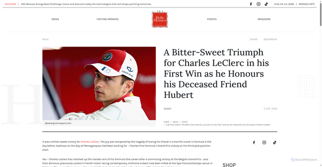 Security scan screenshot of https://www.hellomonaco.com/news/sport/a-bitter-sweet-triumph-for-charles-leclerc-in-his-first-win-as-he-honours-his-deceased-friend-hubert/