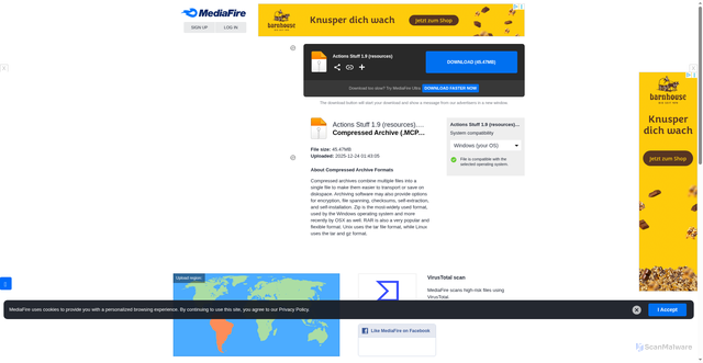 Security scan screenshot of https://www.mediafire.com/file/fc5b094que5txir/Actions__Stuff_1.9_%2528resources%2529.mcpack/file
