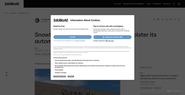 Security scan screenshot of https://www.infoworld.com/article/4088177/snowflake-to-acquire-datometry-to-bolster-its-automated-migration-tools.html