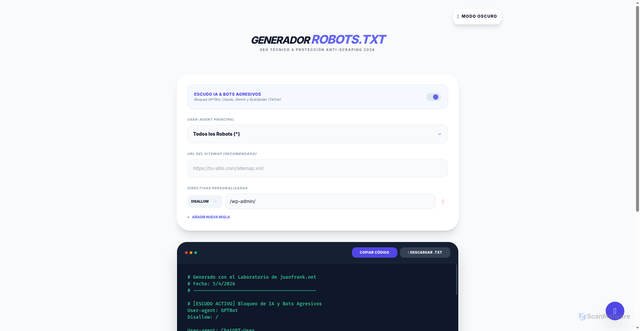 Security scan screenshot of https://laboratorio-web.pages.dev/generador-robots-txt.html