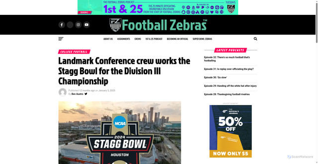 Security scan screenshot of https://www.footballzebras.com/2025/01/landmark-conference-crew-works-the-stagg-bowl-for-the-division-iii-championship/