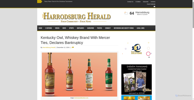 Security scan screenshot of https://www.harrodsburgherald.com/2024/12/12/kentucky-owl-whiskey-brand-with-mercer-ties-declares-bankruptcy/