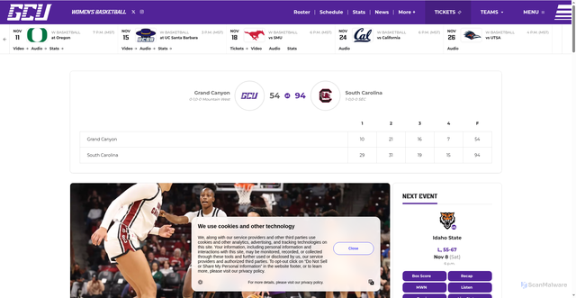 Security scan screenshot of https://gculopes.com/news/2025/11/3/womens-basketball-gcu-falls-in-first-road-test-of-2025-26-season