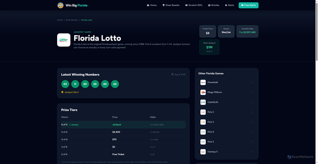 Security scan screenshot of https://winbigflorida.com/draw-games/florida-lotto