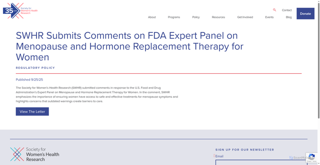 Security scan screenshot of https://swhr.org/resources/swhr-submits-comments-on-fda-expert-panel-on-menopause-and-hormone-replacement-therapy-for-women/