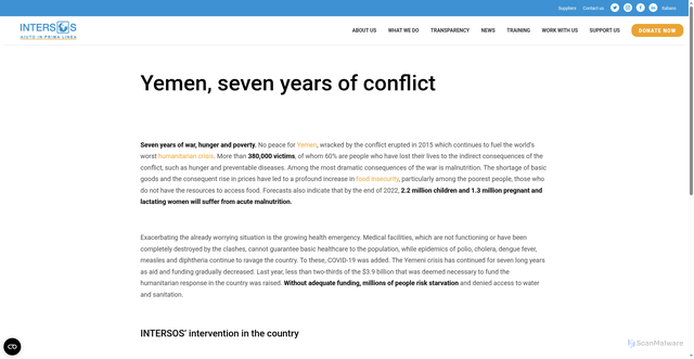 Security scan screenshot of https://www.intersos.org/en/yemen-seven-years-since-the-outbreak-of-the-conflict/