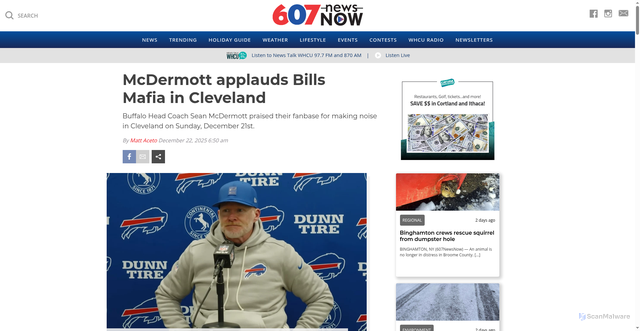 Security scan screenshot of https://607newsnow.com/news/258852-mcdermott-applauds-bills-mafia-in-cleveland/