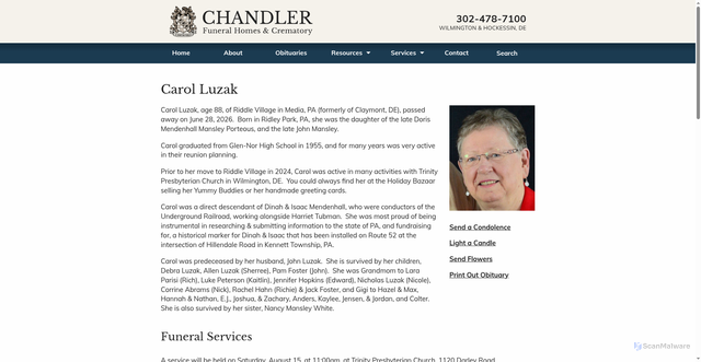 Security scan screenshot of https://www.chandlerfuneralhome.com/obituaries/carol-luzak/