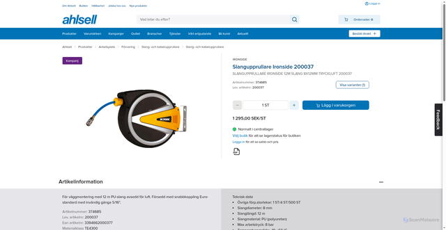 Security scan screenshot of https://www.ahlsell.se/products/arbetsplats/forvaring/slang--och-kabelupprullare/slang--och-kabelupprullare/374685-ad063687?utm_campaign=R%c3%a4tt+Rustad+Aug+26&utm_medium=Ahlsell+Erbjudande&utm_source=BizWizard