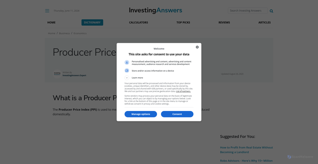 Security scan screenshot of https://investinganswers.com/dictionary/p/producer-price-index-ppi