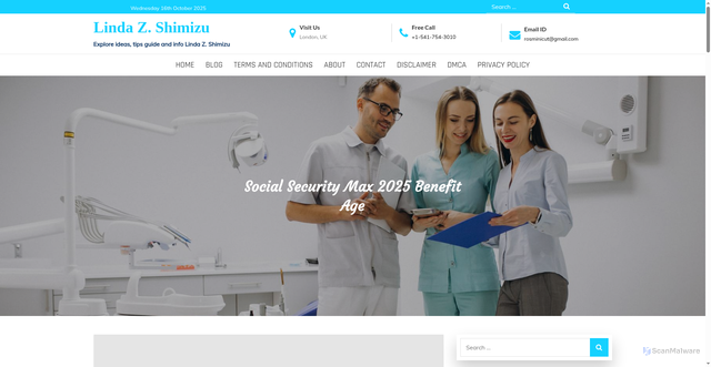 Security scan screenshot of https://lindazshimizu.pages.dev/lqbb-social-security-max-2025-benefit-age-sjgcd/