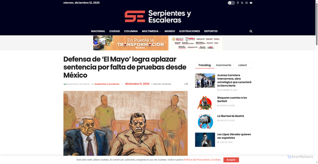 Security scan screenshot of https://serpientesyescaleras.mx/defensa-de-el-mayo-logra-aplazar-sentencia-por-falta-de-pruebas-desde-mexico/