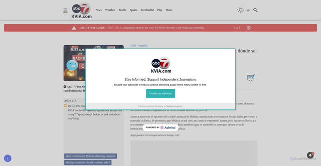 Security scan screenshot of https://kvia.com/news/noticias/cnn-spanish/2025/10/25/trayectoria-del-huracan-melissa-donde-esta-y-hacia-donde-se-dirige/