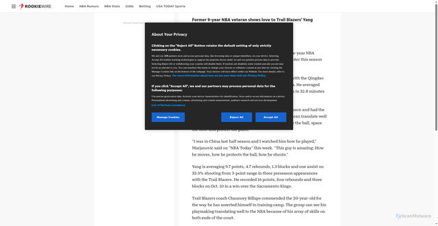 Security scan screenshot of https://therookiewire.usatoday.com/story/sports/nba/rookie/2025/10/15/trail-blazers-yang-hansen-boban-marjanovic-preseason/86716025007/