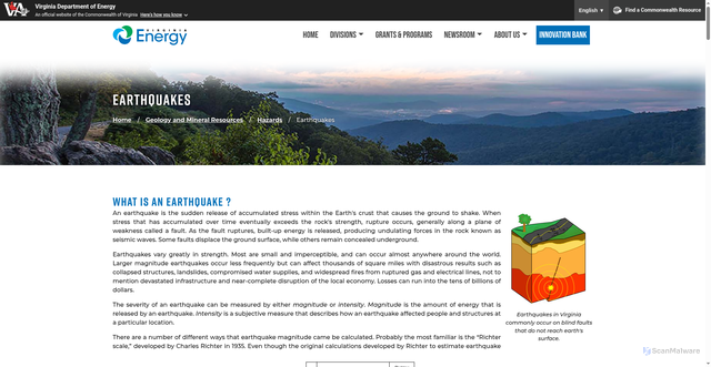 Security scan screenshot of https://www.energy.virginia.gov/geology/Earthquakes.shtml