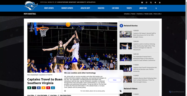 Security scan screenshot of https://www.cnusports.com/news/2025/12/5/mens-basketball-captains-travel-to-buena-vista-saturday-for-4-pm-tip-off-at-southern-virginia.aspx