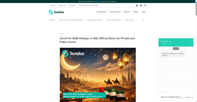 Security scan screenshot of https://www.sundusglobal.com/post/eid-al-fitr-2026-uae-holidays-public-private-sector