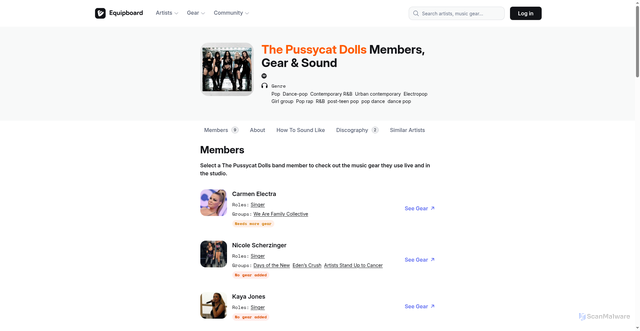 Security scan screenshot of https://equipboard.com/band/the-pussycat-dolls