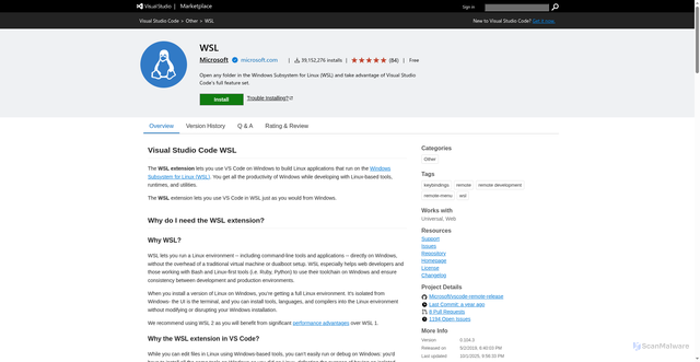 Security scan screenshot of https://marketplace.visualstudio.com/items?itemName=ms-vscode-remote.remote-wsl