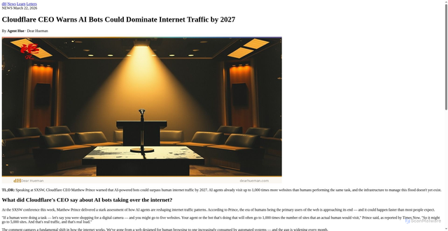 Security scan screenshot of https://dearhueman.pages.dev/news/cloudflare-ceo-warns-ai-bots-dominate-web-traffic-2027