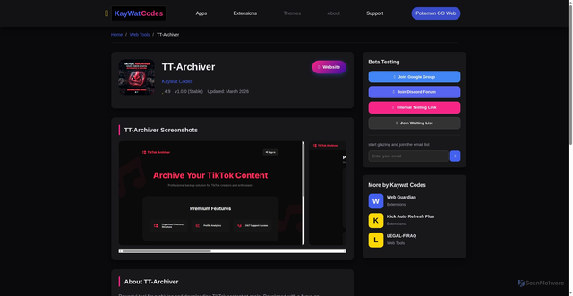 Security scan screenshot of https://kaywat-codes.pages.dev/views/tt-archiver.html