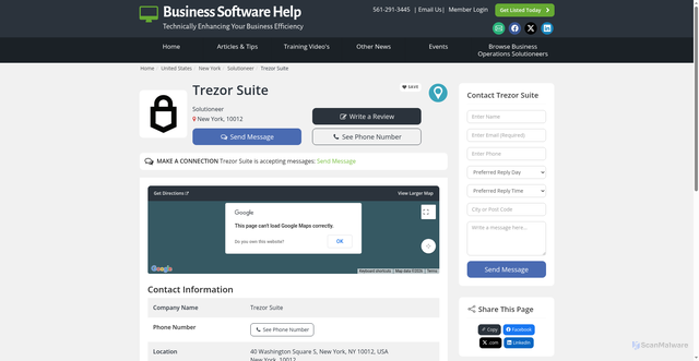 Security scan screenshot of https://www.businesssoftwarehelp.com/new-york/solutioneer/trezor-suite-148917