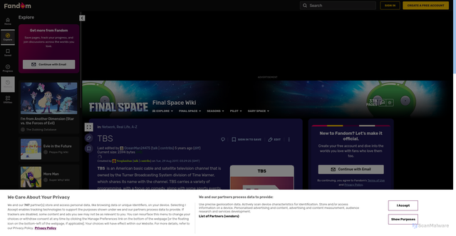 Security scan screenshot of https://final-space.fandom.com/wiki/TBS