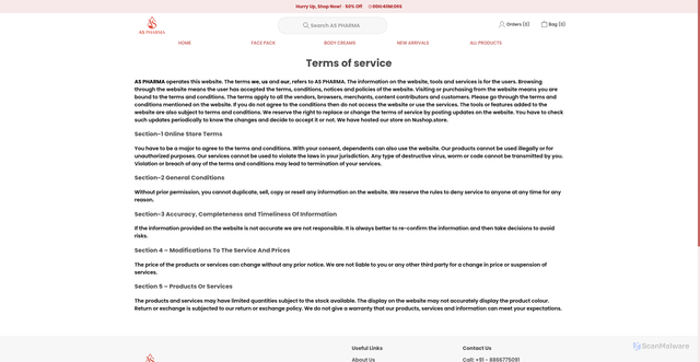 Security scan screenshot of https://aspharma.online/terms-and-conditions